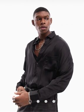 ASOS Men's Black Oversized Satin Button-Up Shirt Medium